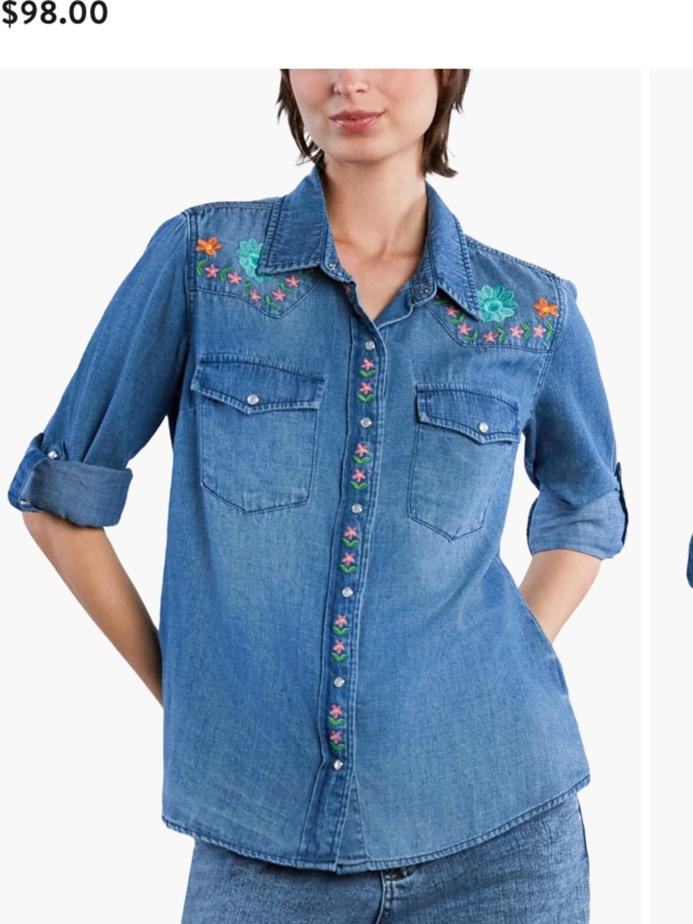 Billy T Two Step Floral Embroidered Denim Pearl Snap Button Up Shirt Chambray S